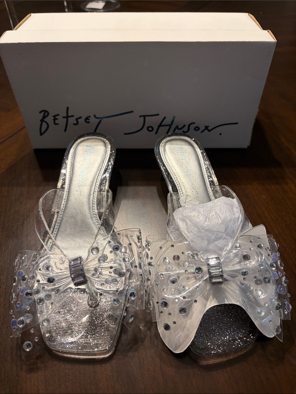 Betsey Johnson Clear Rhinestone Bow Slide Mules with Silver Footbed
